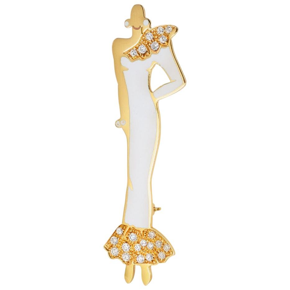 White Enamel Diamond Yellow Gold Diva Brooch Pendant