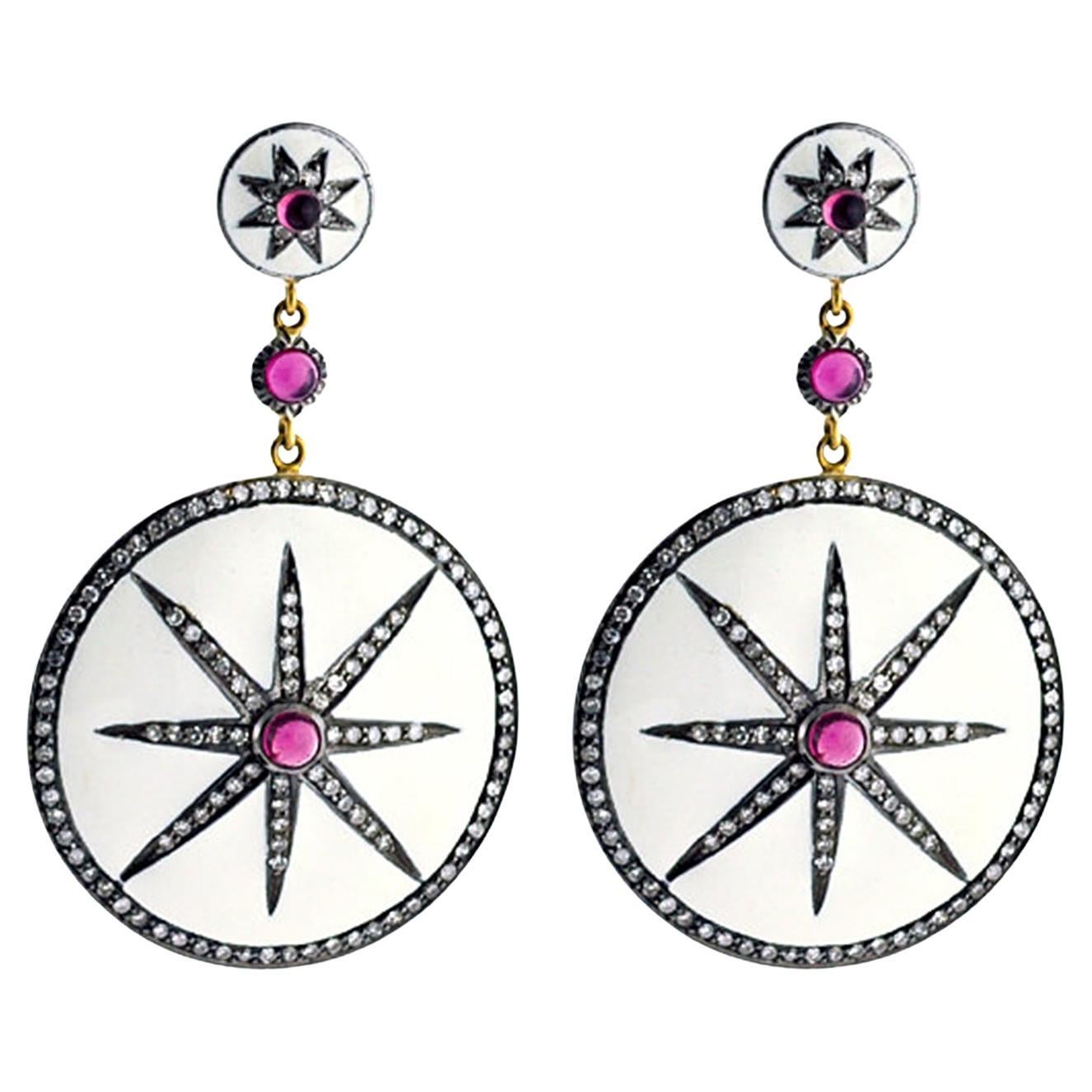 White Enamel Disk Dangle Earring With Pink Tourmaline 
Diamonds In 18k Gold For Sale