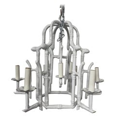 White Enamel Finish Bamboo Cage Chandelier, Designer Modern