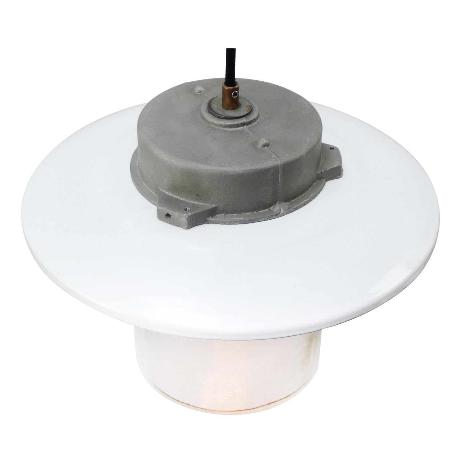 White enamel Industrial hanging lamp.
Frosted glass with aluminium top.

Weight: 2.00 kg / 4.4 lb

Priced per individual item. All lamps have been made suitable by international standards for incandescent light bulbs, energy-efficient and LED bulbs.