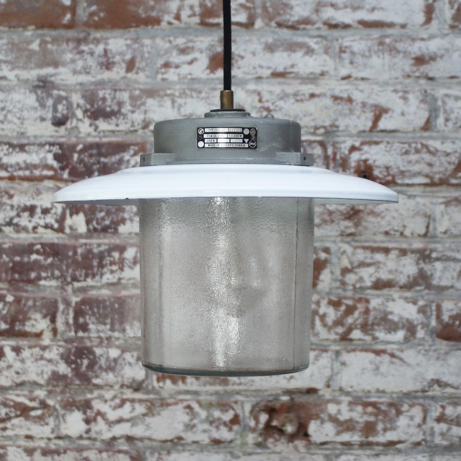 20th Century White Enamel Frosted Glass Pendant Lights For Sale