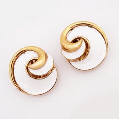 White Enamel & Gilt Swirl Earrings By Crown Trifari, 1960s