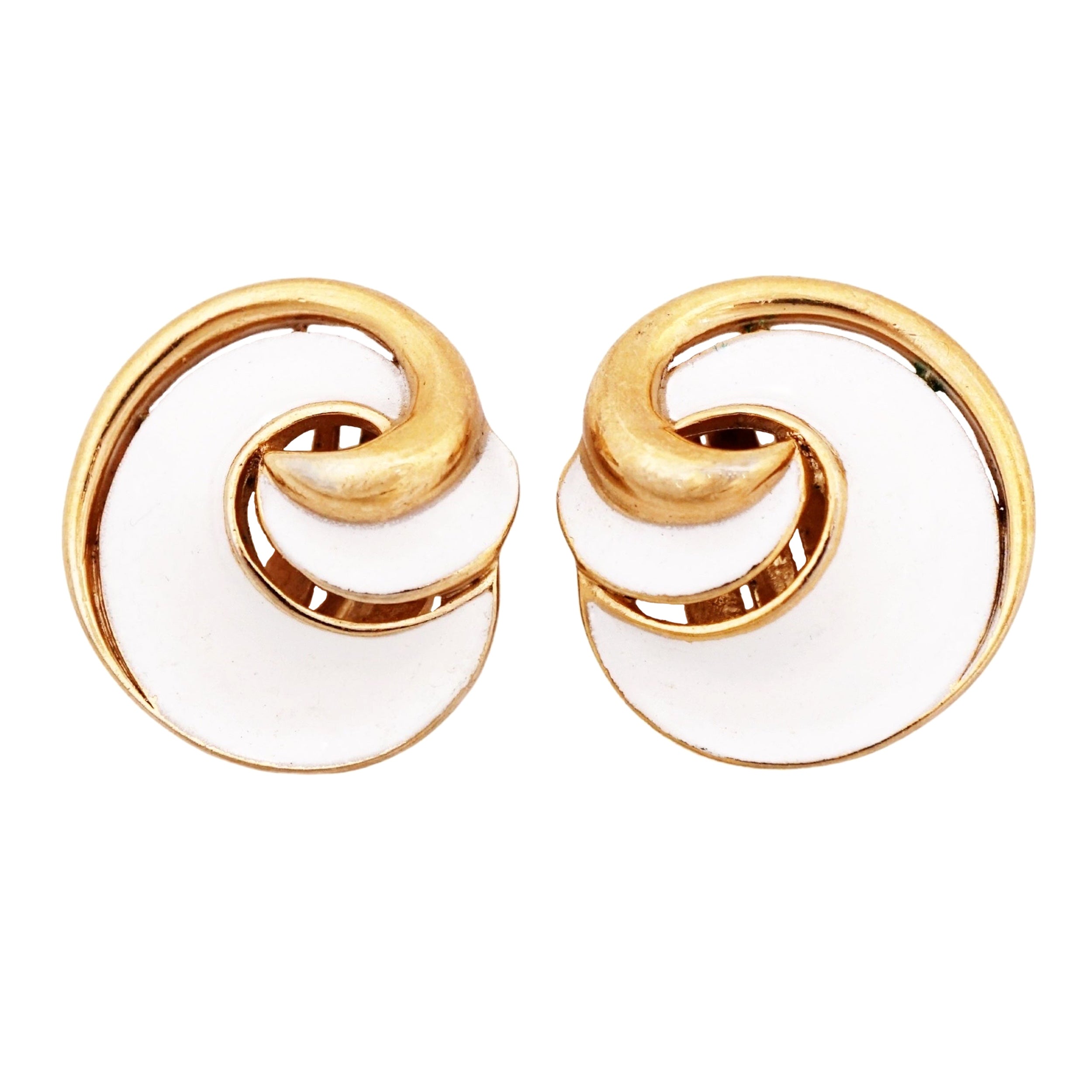 White Enamel 
Gilt Swirl Earrings By Crown Trifari, 1960s
