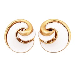 White Enamel & Gilt Swirl Earrings By Crown Trifari, 1960s