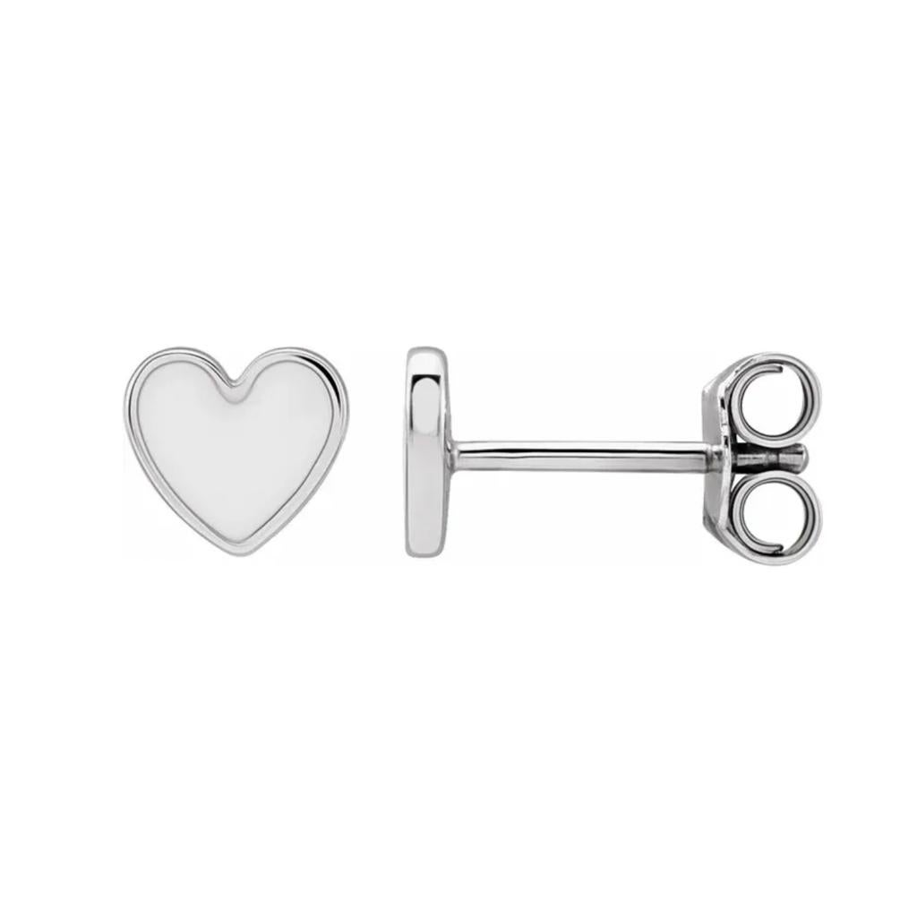 Women's White Enamel Heart Studs Petite Earring Stack 14K Gold Contemporary Love For Sale