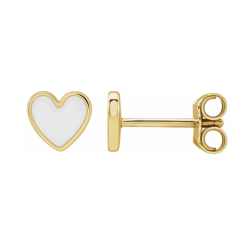 White Enamel Heart Studs Petite Earring Stack 14K Gold Contemporary Love In New Condition For Sale In Austin, TX