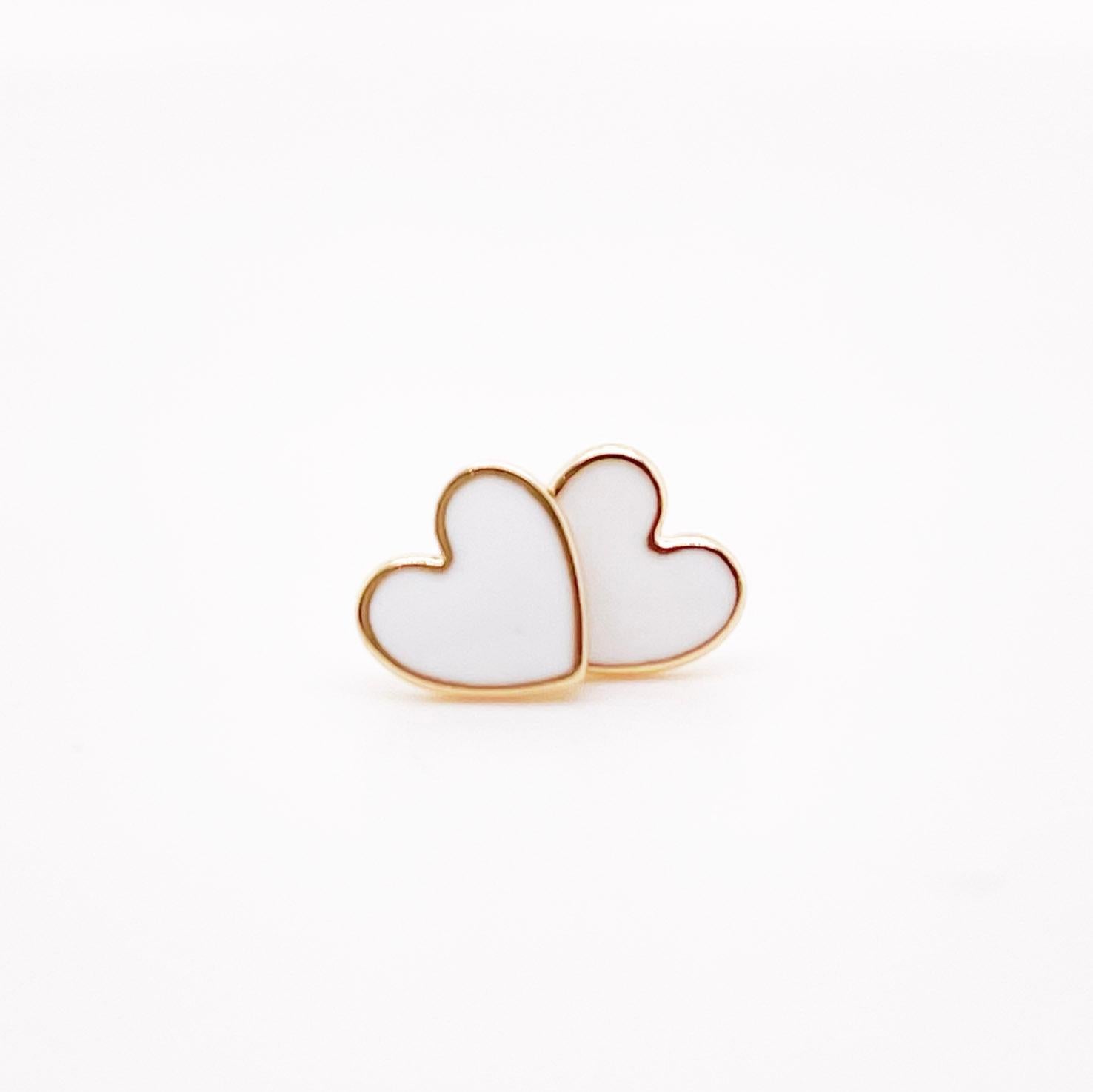 White Enamel Heart Studs Petite Earring Stack 14K Gold Contemporary Love For Sale 3