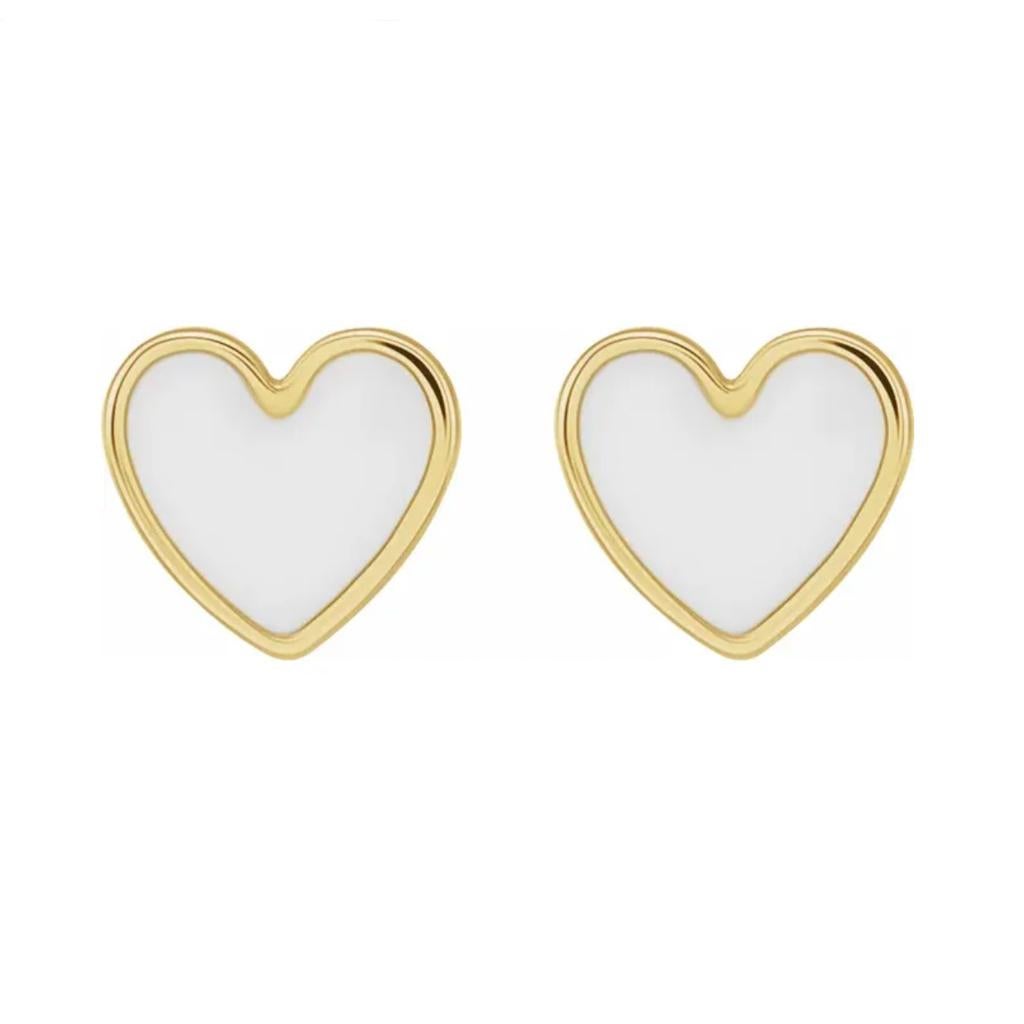 White Enamel Heart Studs Petite Earring Stack 14K Gold Contemporary Love For Sale 2