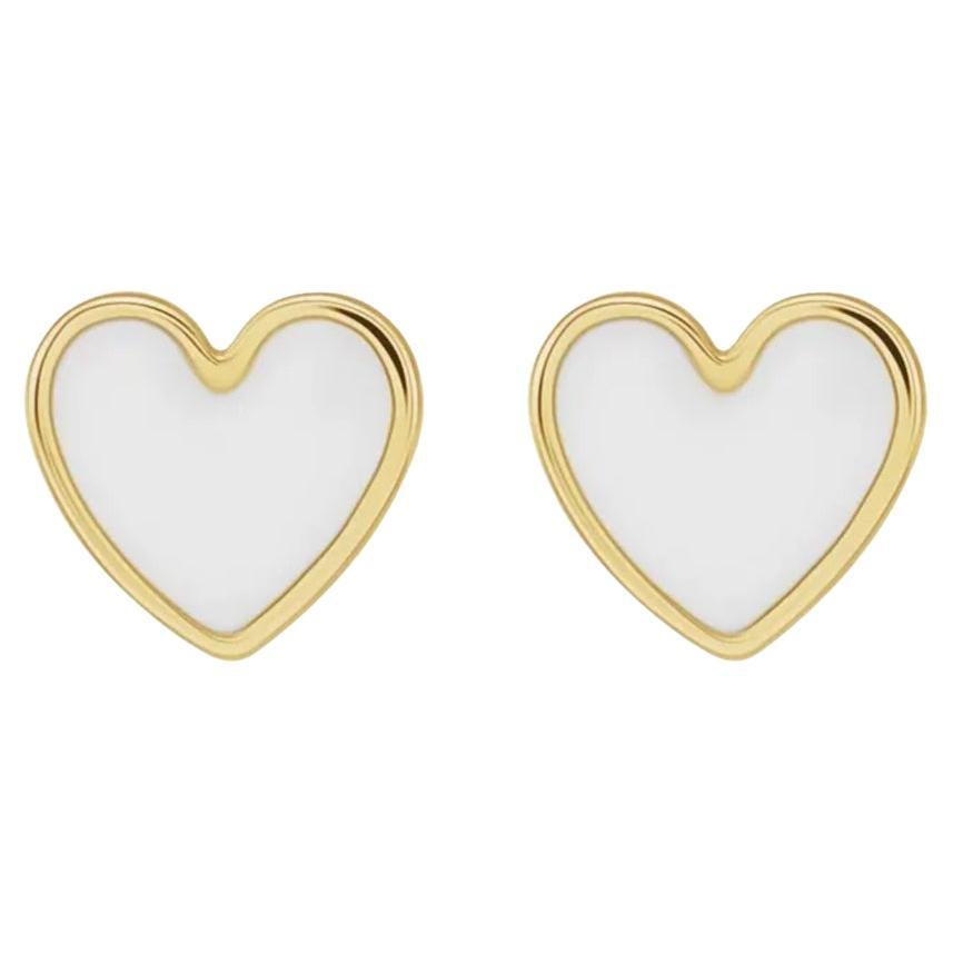 White Enamel Heart Studs Petite Earring Stack 14K Gold Contemporary Love For Sale