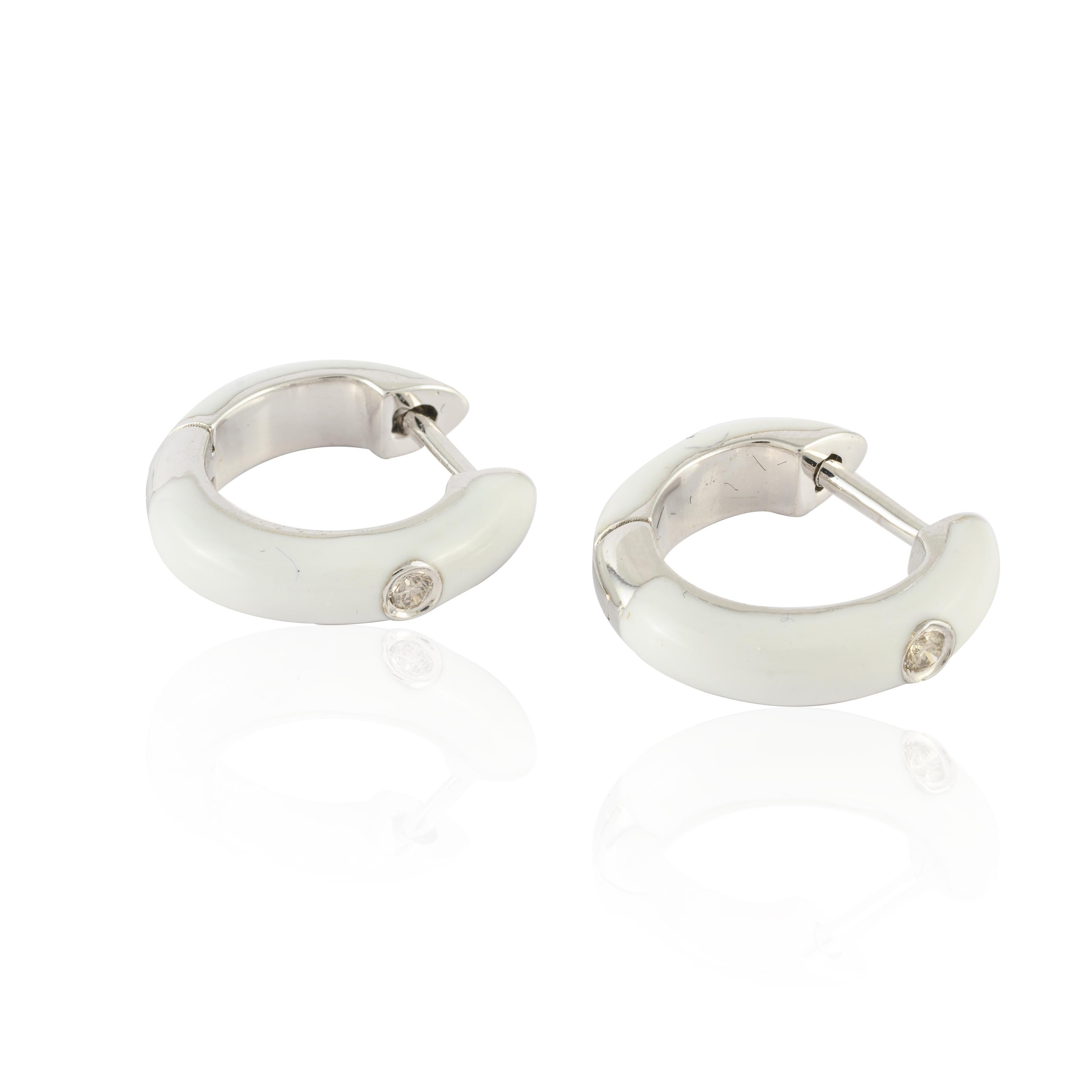 Modern White Enamel Dainty Huggie Earrings with Diamonds in 14k Solid White Gold For Sale