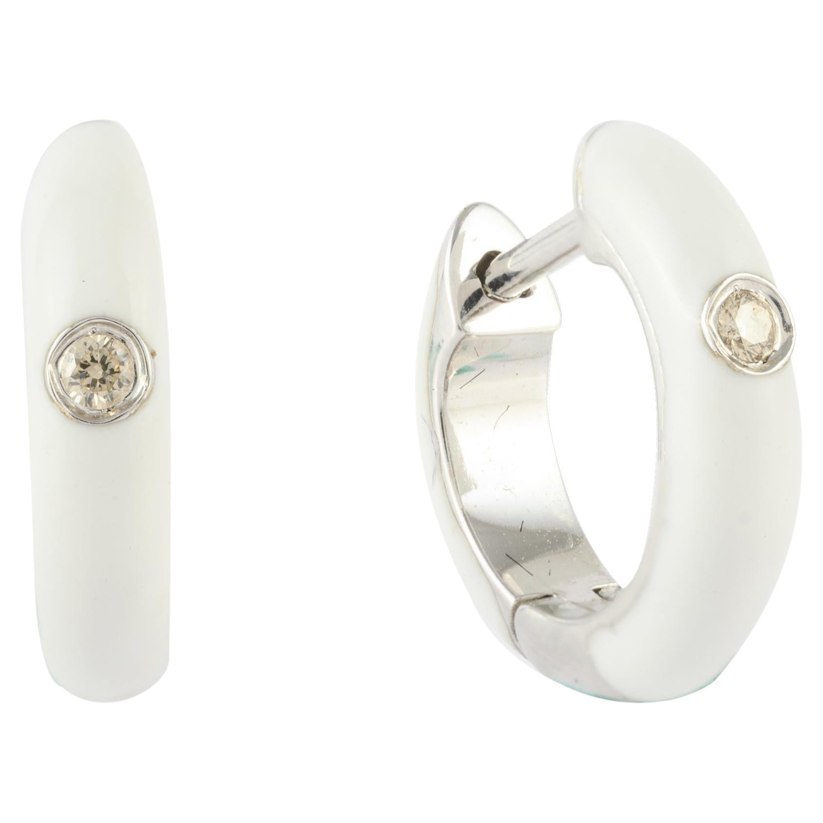 White Enamel Dainty Huggie Earrings with Diamonds in 14k Solid White Gold For Sale