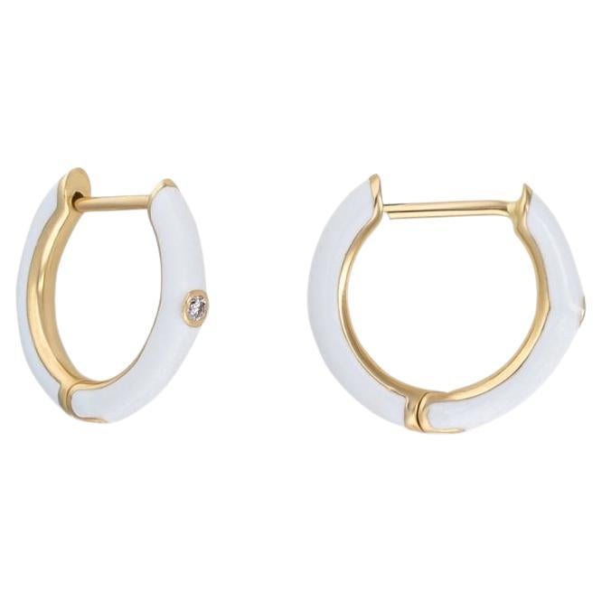 White Enamel Huggies with Diamonds, 14K Yellow Gold, GH SI1 Diamonds For Sale