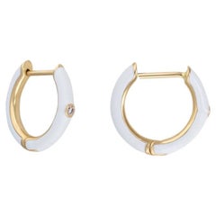 White Enamel Huggies with Diamonds, 14K Yellow Gold, GH SI1 Diamonds