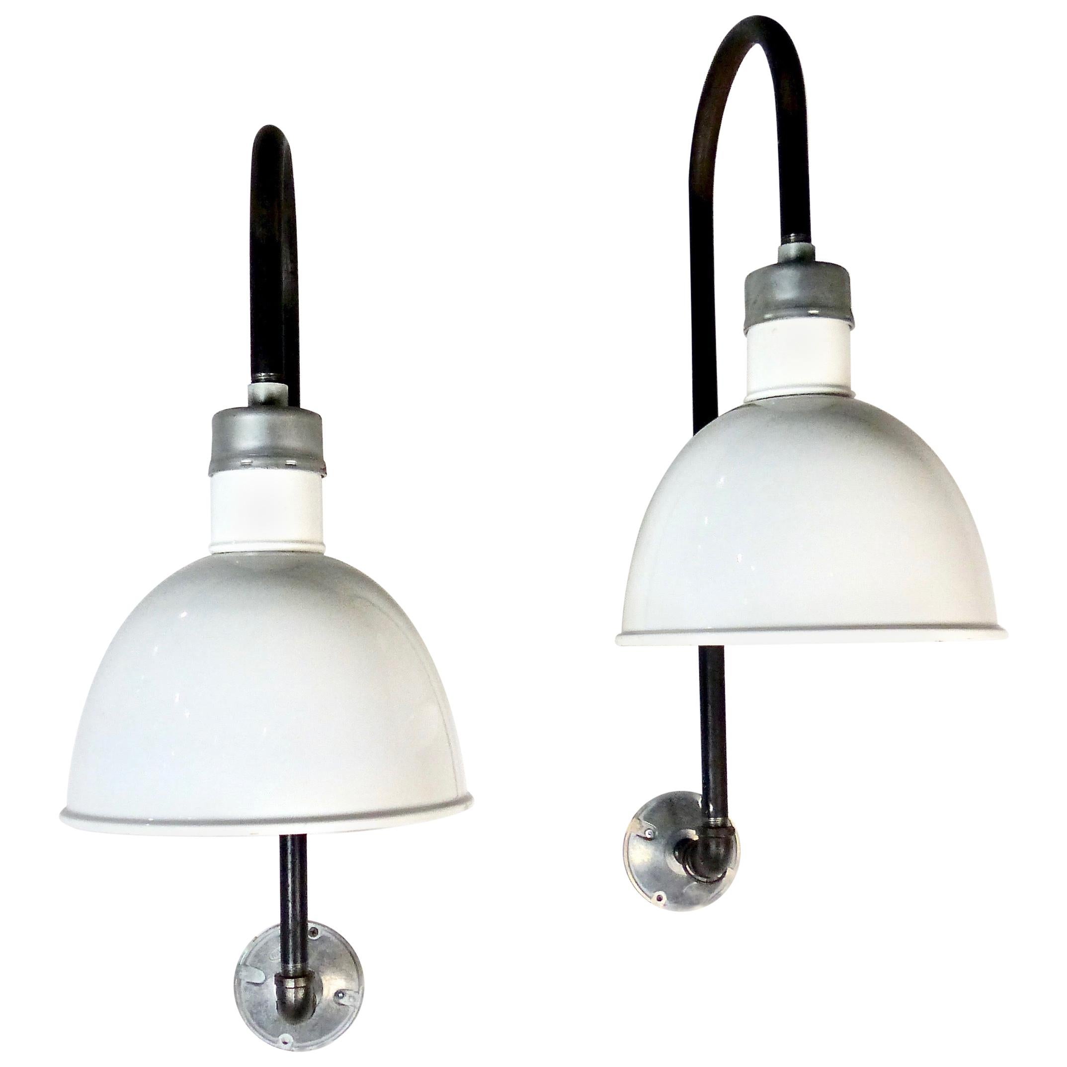 White Enamel Industrial Wall Sconces, circa 1940