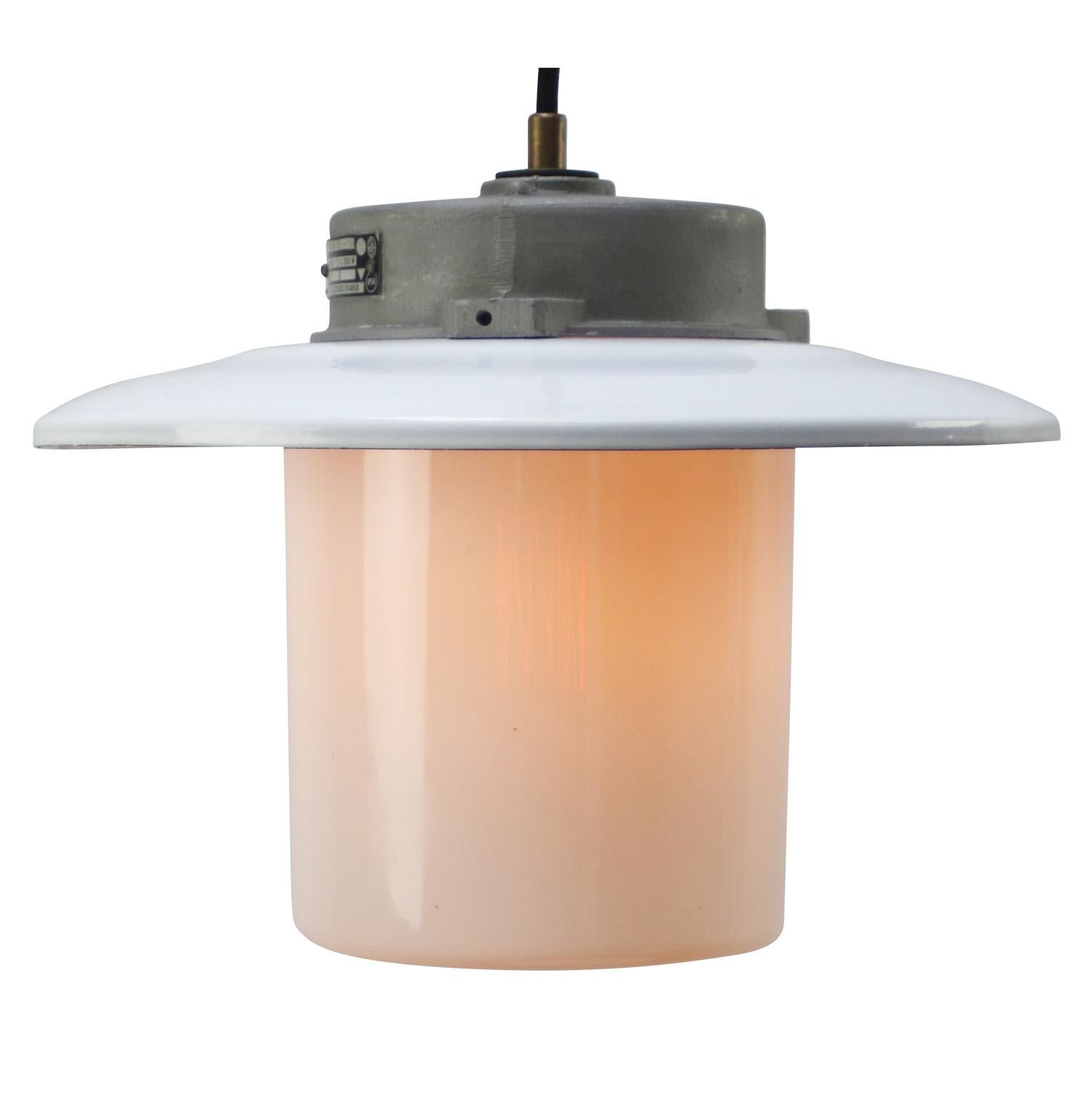 White enamel Industrial hanging lamp.
Opaline glass with aluminium top.

Weight: 2.00 kg / 4.4 lb

Priced per individual item. All lamps have been made suitable by international standards for incandescent light bulbs, energy-efficient and LED bulbs.