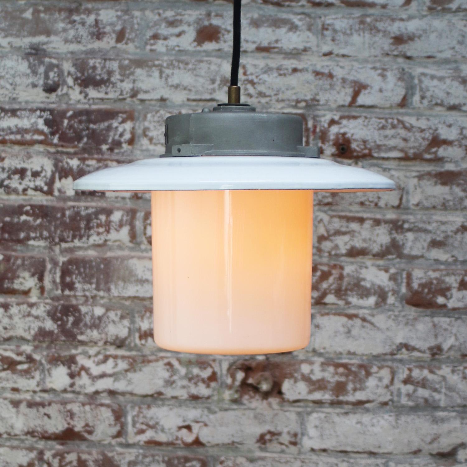 Brass White Enamel Opaline Glass Pendant Lights For Sale