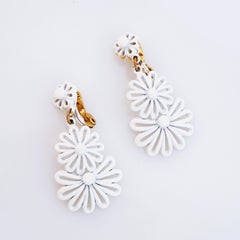 White Enamel Openwork Flower Drop Earrings By Monet, 1960s