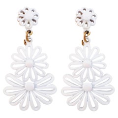 White Enamel Openwork Flower Drop Earrings By Monet, 1960s