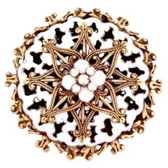 Retro White Enamel Ornate Brooch With Milk Glass Rhinestones, 1950s