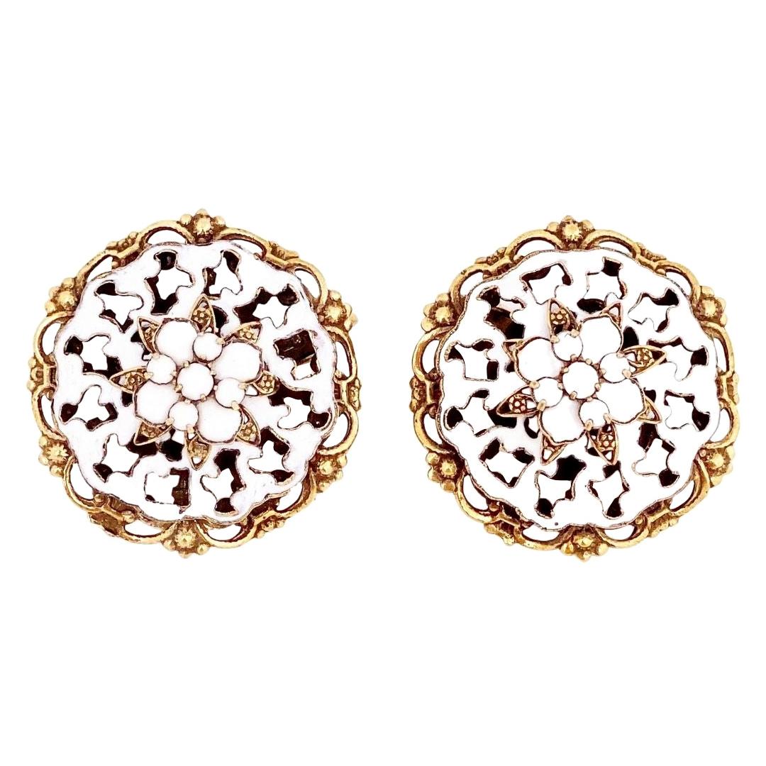 White Enamel Ornate Earrings With Milk Glass Rhinestones, 1950s