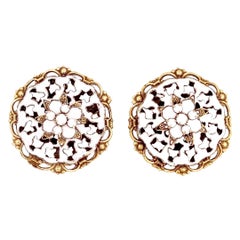 White Enamel Ornate Earrings With Milk Glass Rhinestones, 1950s