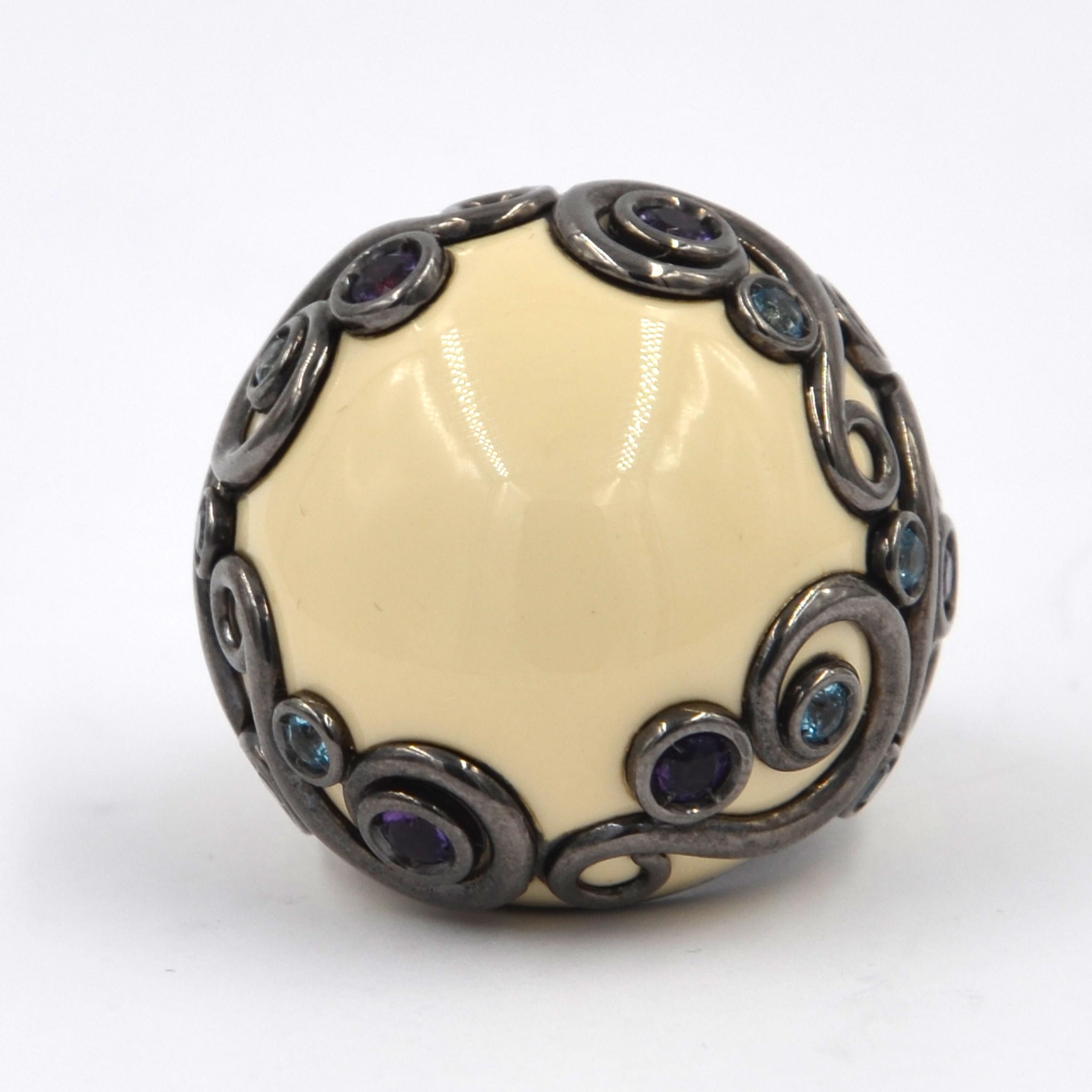 Modern White Enamel Round Silver Ring with Amethyst and Blue Topaz For Sale