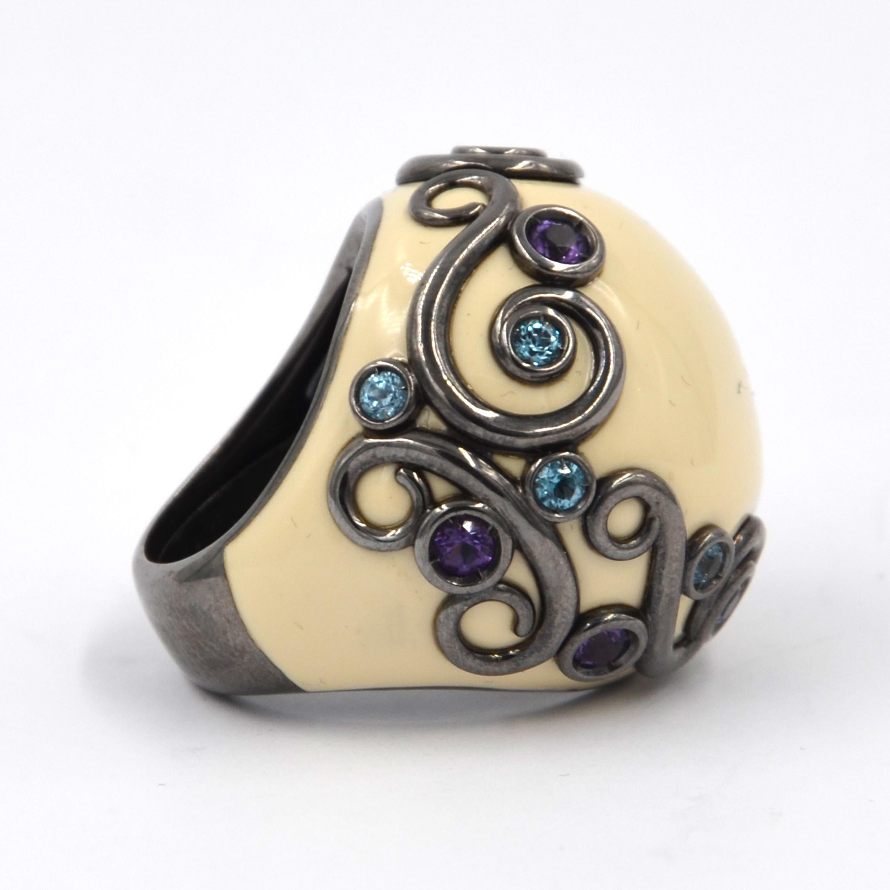 Round Cut White Enamel Round Silver Ring with Amethyst and Blue Topaz For Sale