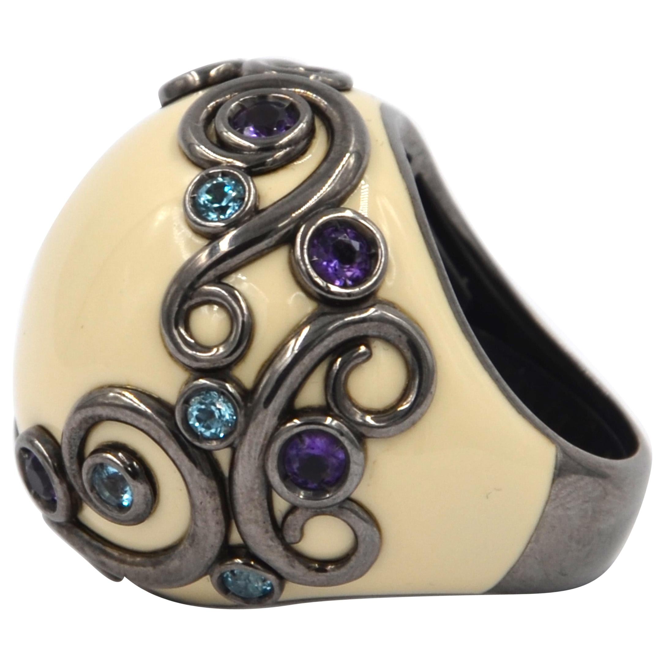 White Enamel Round Silver Ring with Amethyst and Blue Topaz
