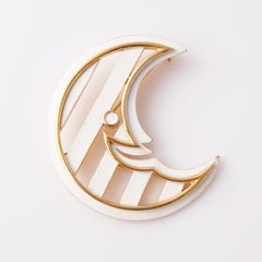 White Enamel Smiling Moon Brooch By Crown Trifari, 1960s