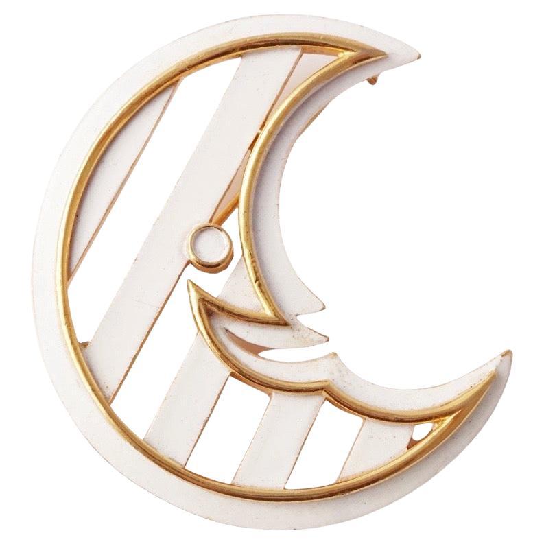 White Enamel Smiling Moon Brooch By Crown Trifari, 1960s