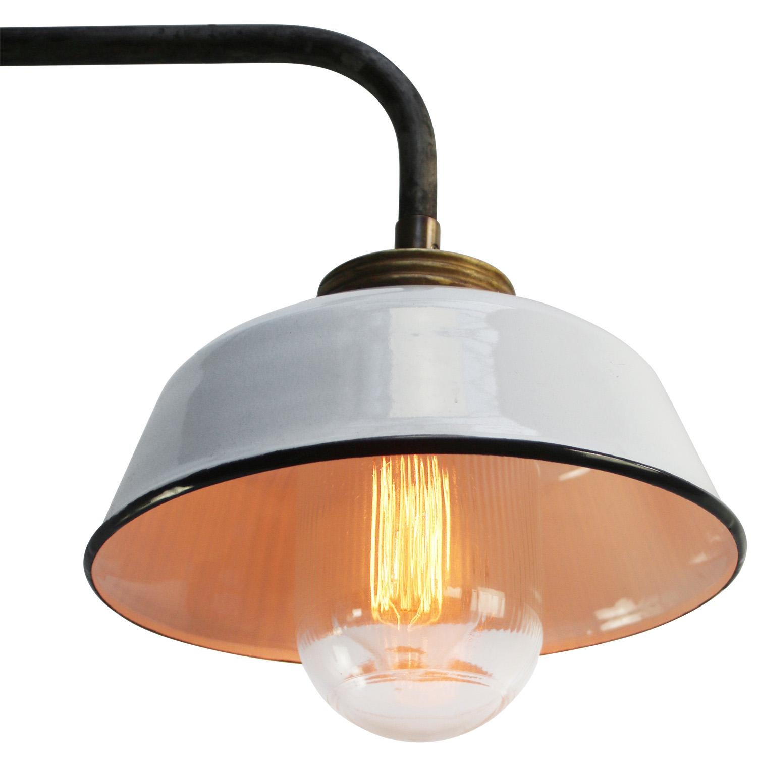 Hungarian White Enamel Vintage Industrial Brass Clear Striped Glass Sconces Wall Lights For Sale