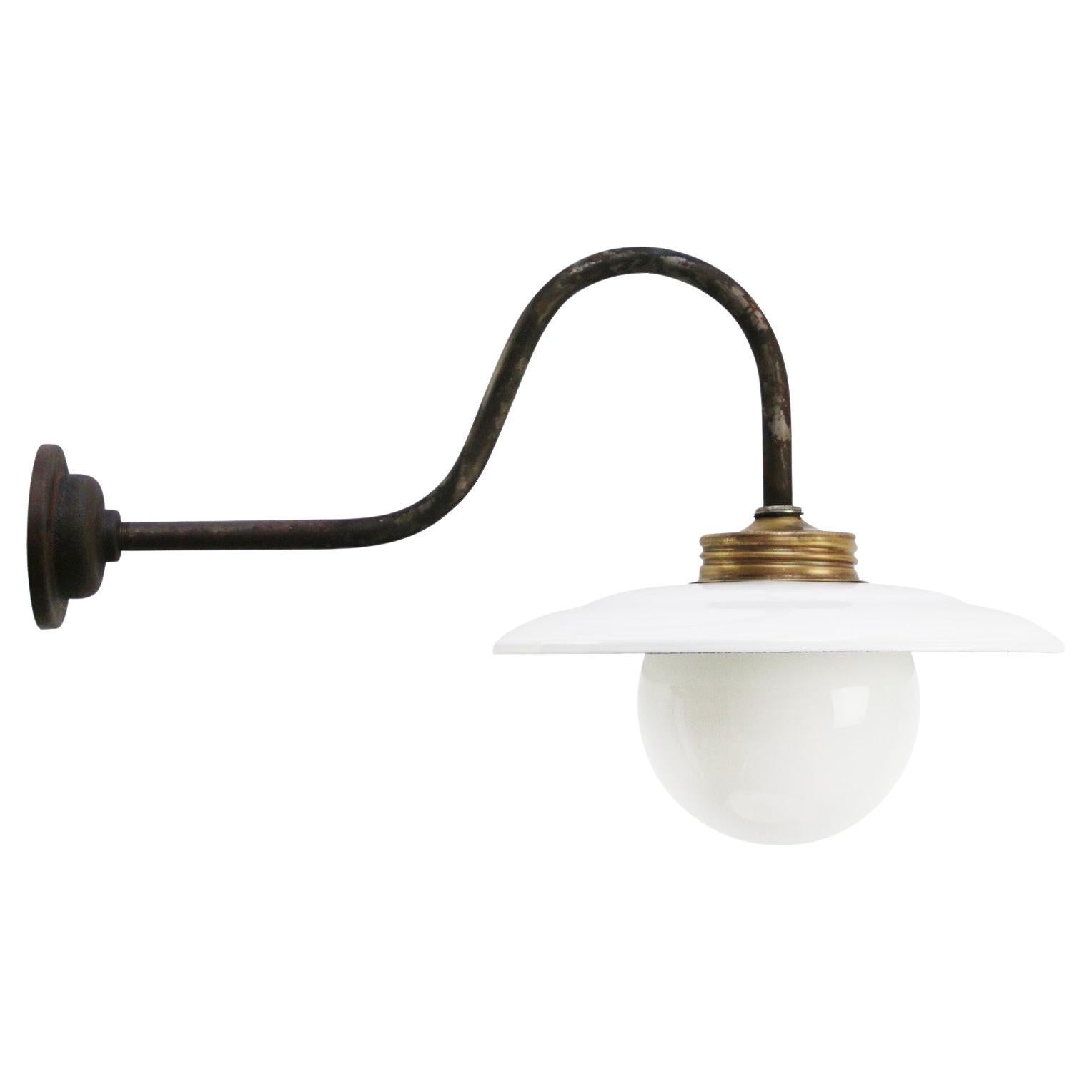 White Enamel Vintage Industrial Brass Opaline Glass Scones Wall Lights