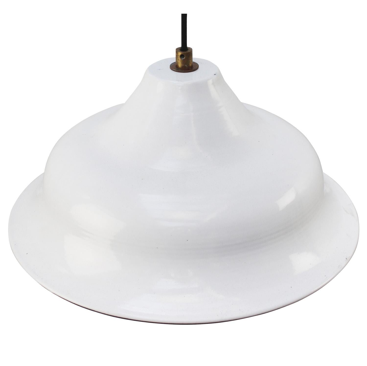 Industrial factory pendant made of white enamel. 
White interior with Brass top.

Weight: 2.30 kg / 5.1 lb

Priced per individual item. All lamps have been made suitable by international standards for incandescent light bulbs, energy-efficient and