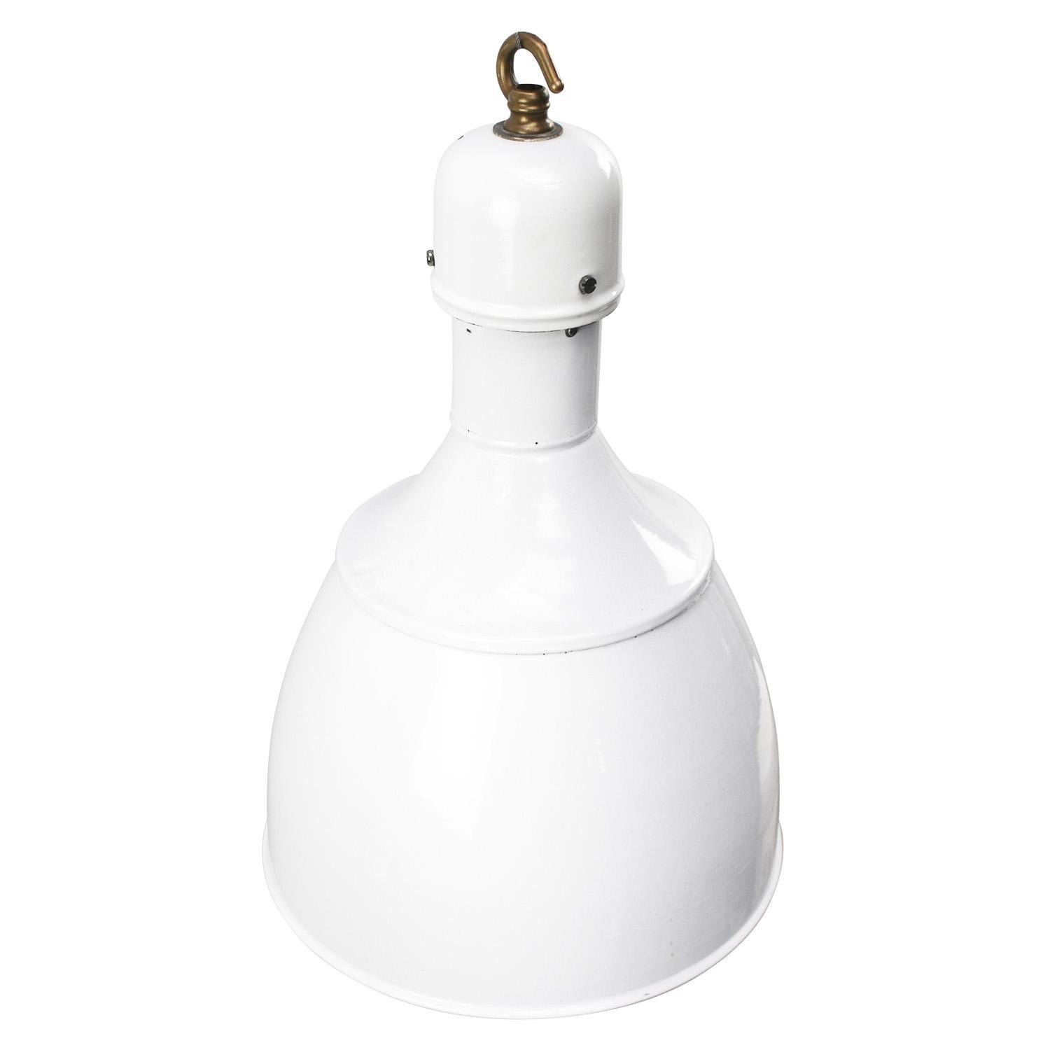 White enamel Factory pedant light
White interior, brass top. New old stock. 

Weight 2.3 kg or 5.1 lb.

Priced per individual item. All lamps have been made suitable by international standards for incandescent light bulbs, energy-efficient and LED
