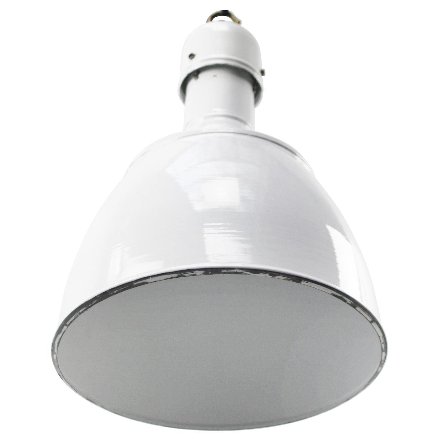 Hungarian White Enamel Vintage Industrial Brass Pendants Lights For Sale