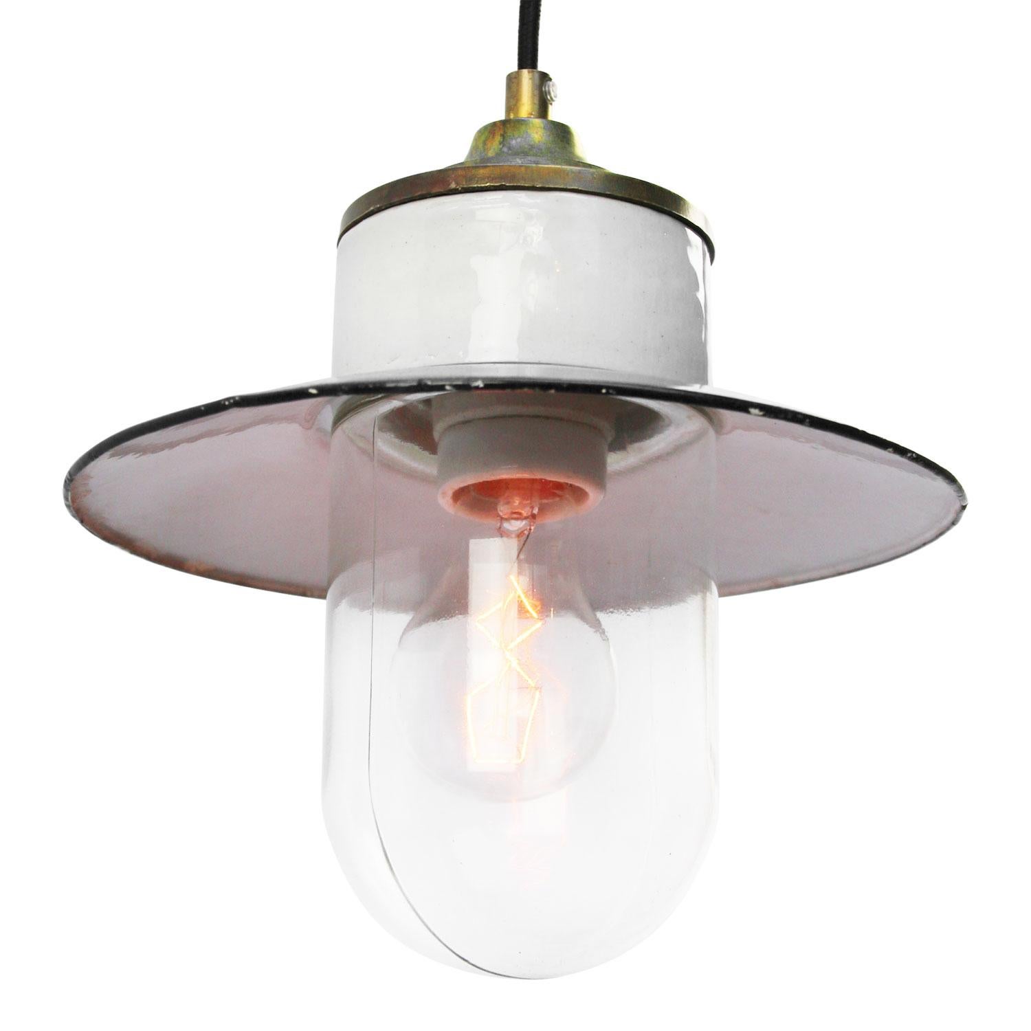 French White Enamel Vintage Industrial Brass Porcelain Clear Glass Pendant Lights For Sale