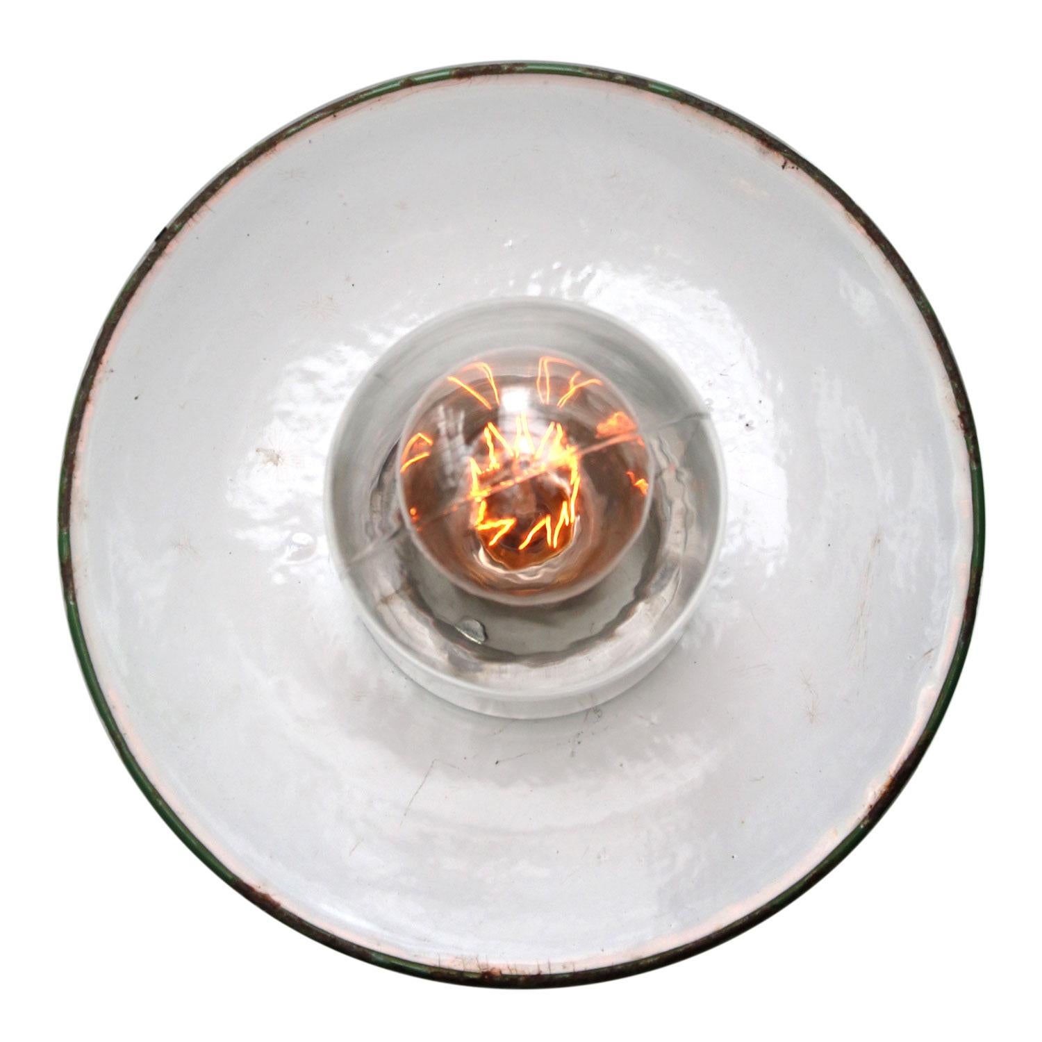 White Enamel Vintage Industrial Brass Porcelain Clear Glass Pendant Light In Good Condition In Amsterdam, NL