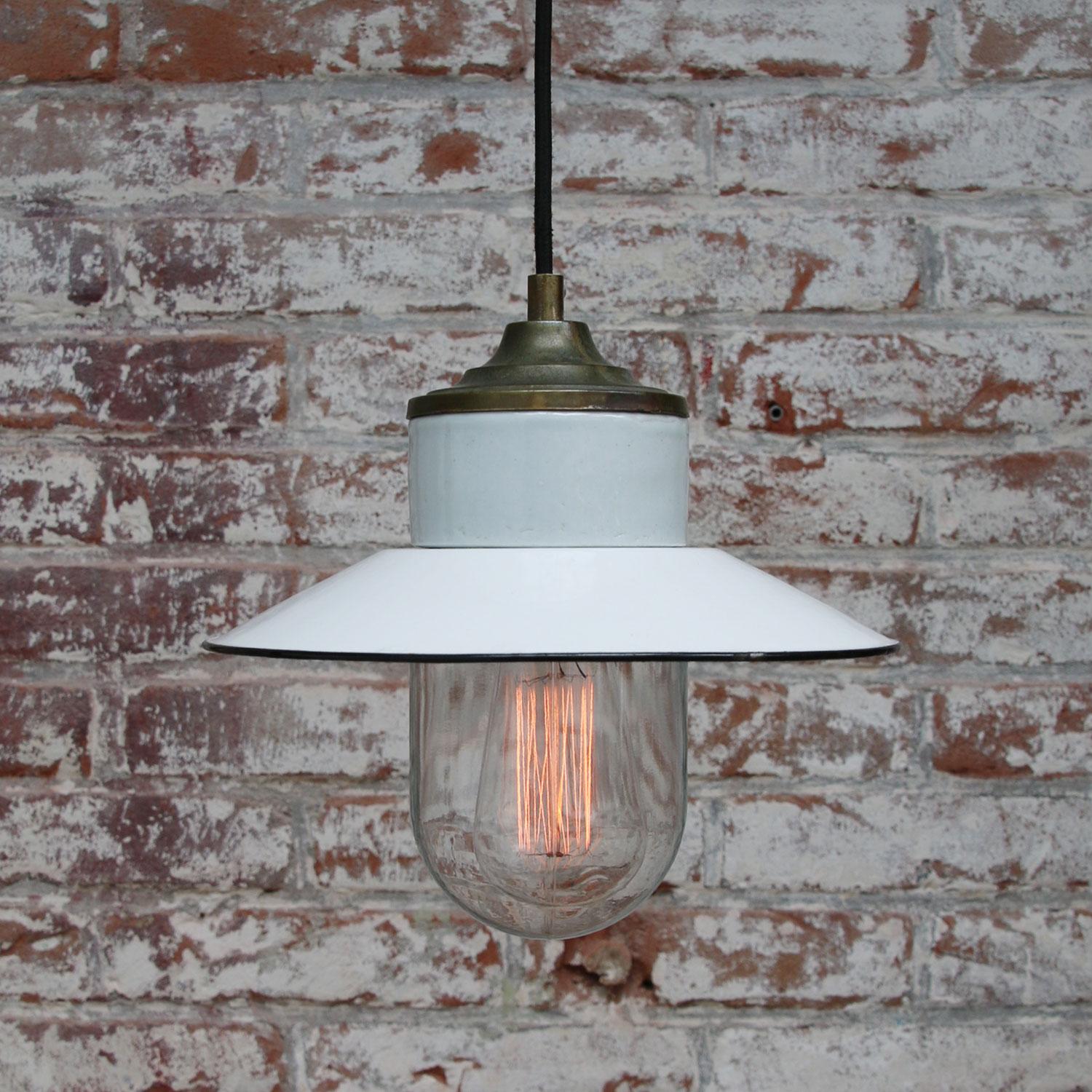 White Enamel Vintage Industrial Brass Porcelain Clear Glass Pendant Lights In Good Condition In Amsterdam, NL
