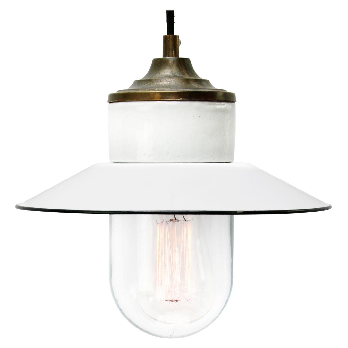 White Enamel Vintage Industrial Brass Porcelain Clear Glass Pendant Lights