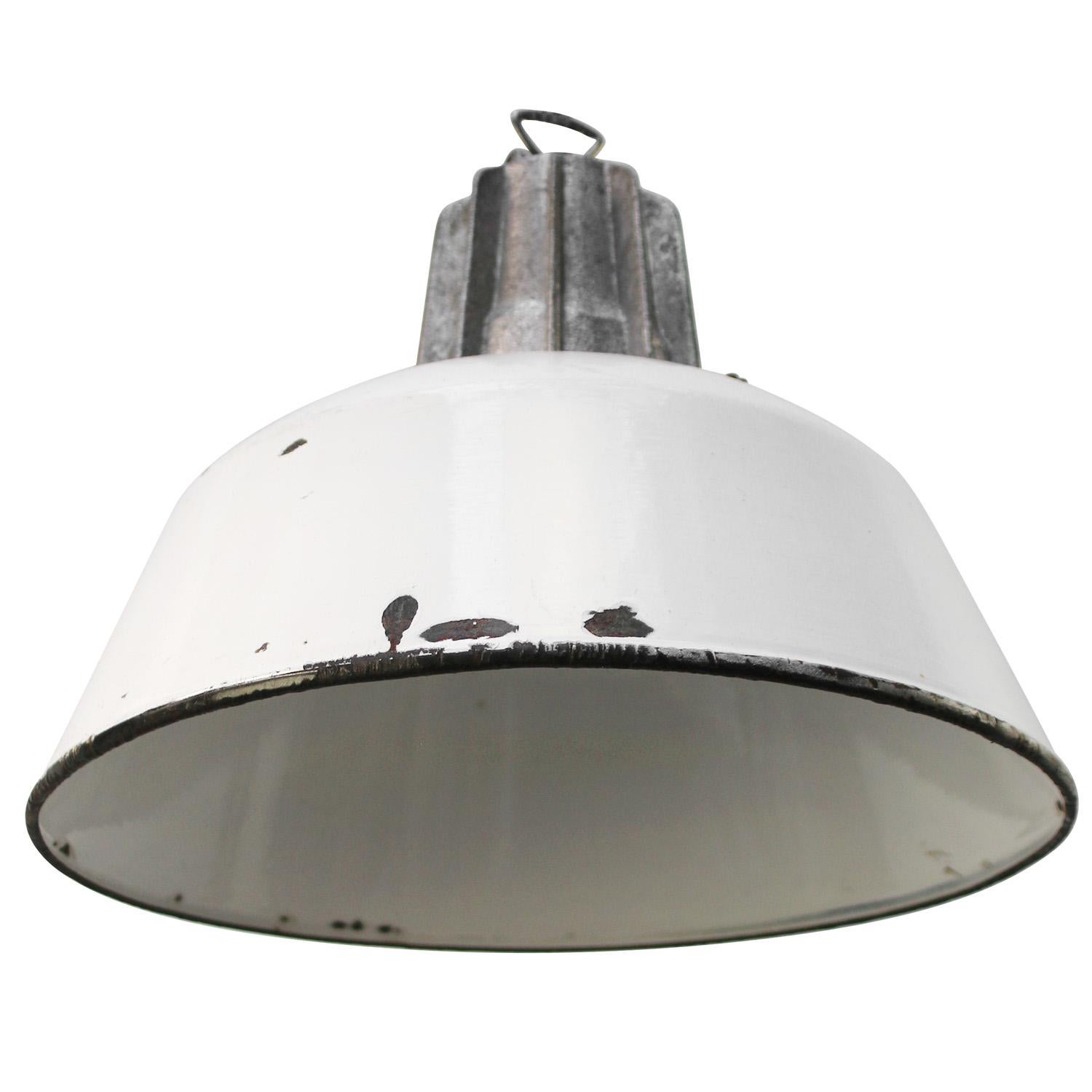 Hungarian White Enamel Vintage Industrial Cast Aluminum Pendant Lamps