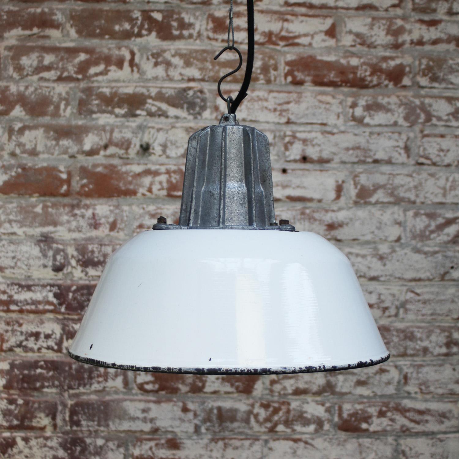 20th Century White Enamel Vintage Industrial Cast Aluminum Pendant Lamps