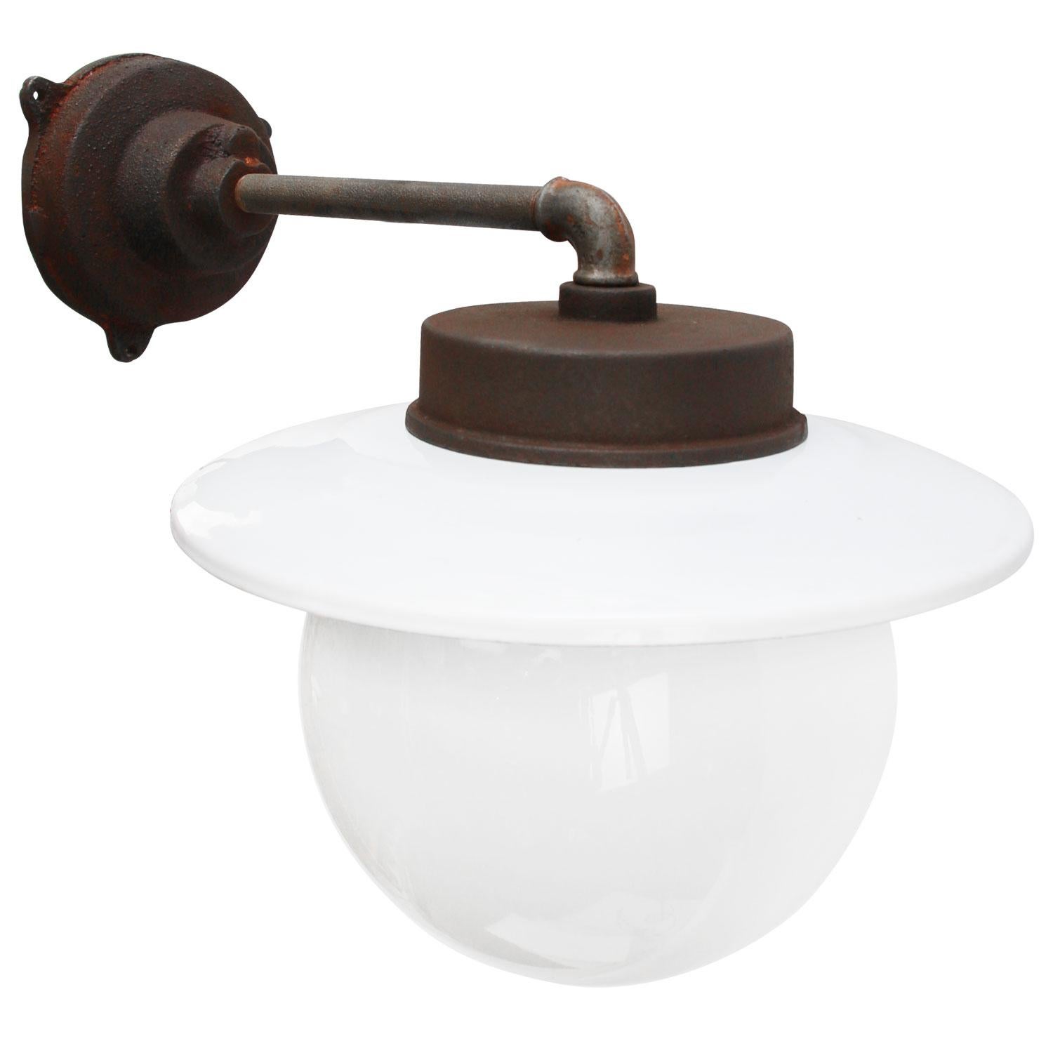 White Enamel Vintage Industrial Cast Iron Arm Opaline Glass Scone Wall Light In Good Condition In Amsterdam, NL