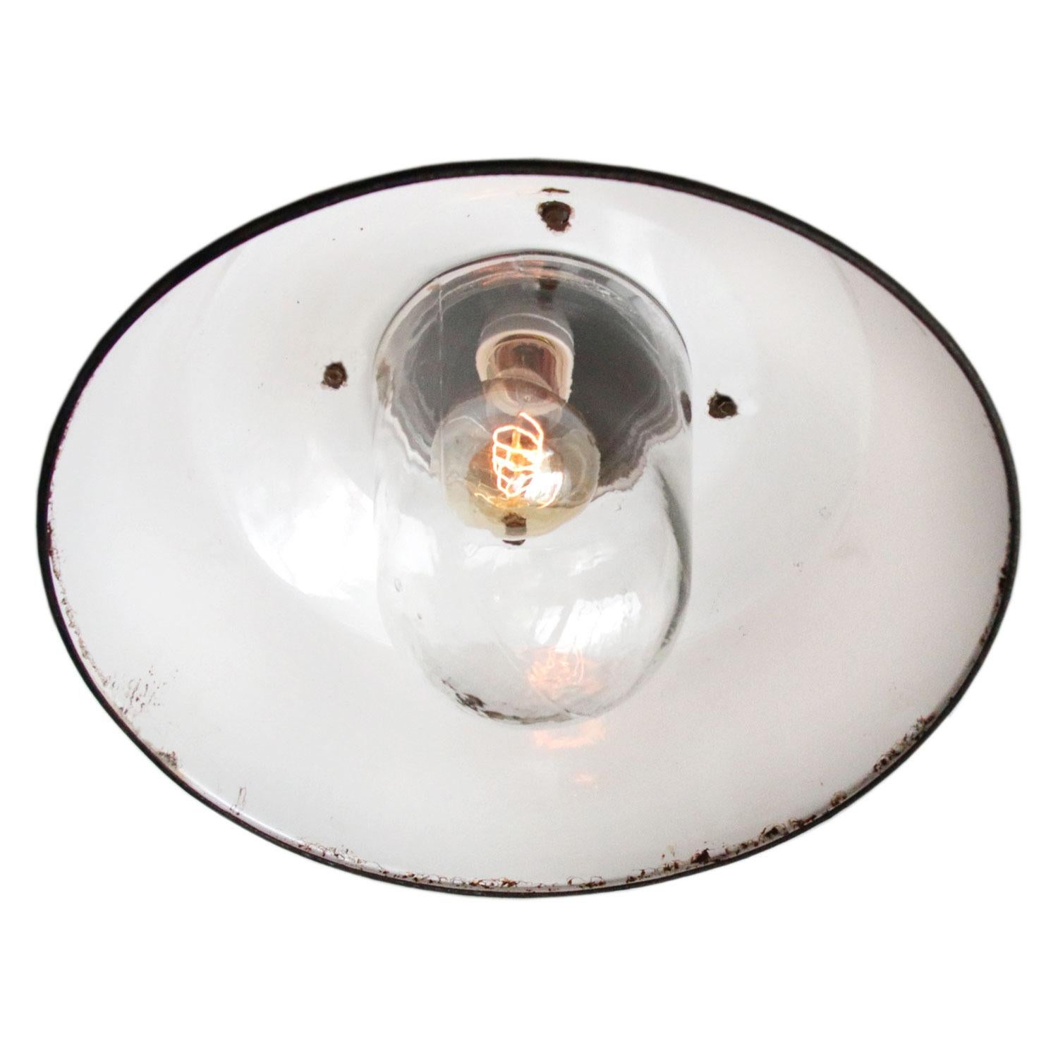 Factory hanging lamp
White enamel white interior
Clear glass
Cast iron top

Weight 5.0 kg / 11 lb.

Priced per individual item. All lamps have been made suitable by international standards for incandescent light bulbs, energy-efficient and