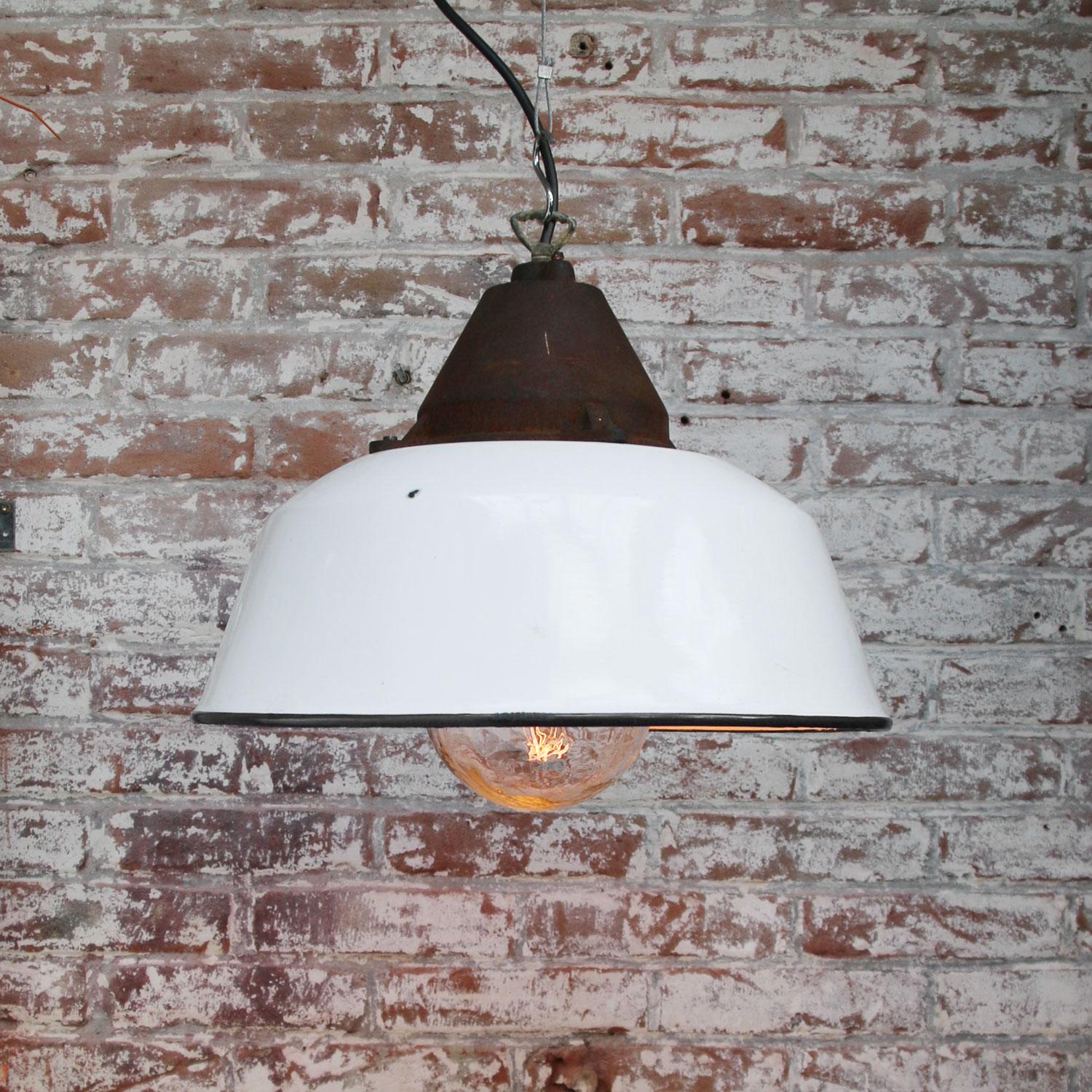 Hungarian White Enamel Vintage Industrial Cast Iron Clear Glass Factory Pendant Lights For Sale
