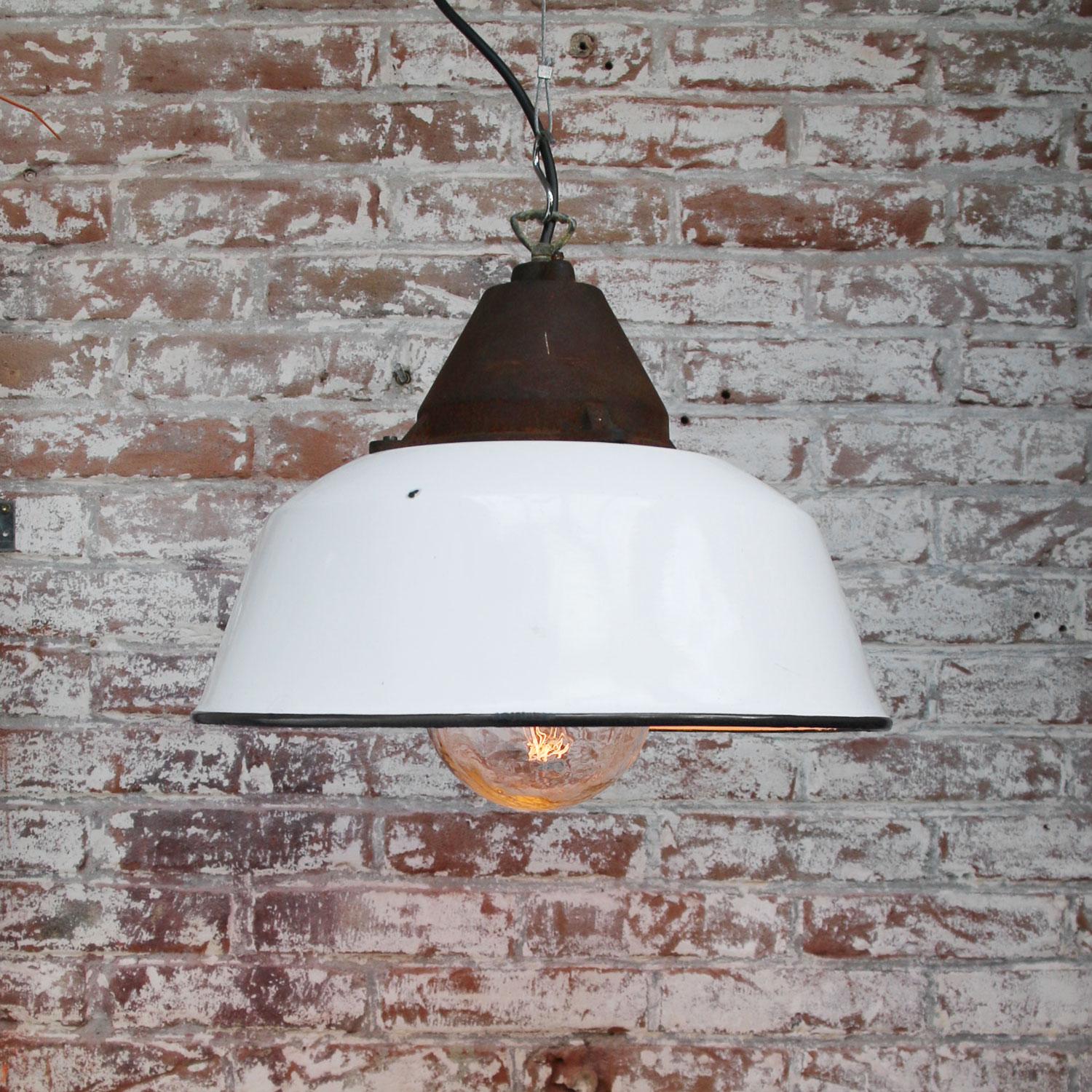 Hungarian White Enamel Vintage Industrial Cast Iron Clear Glass Factory Pendant Light For Sale