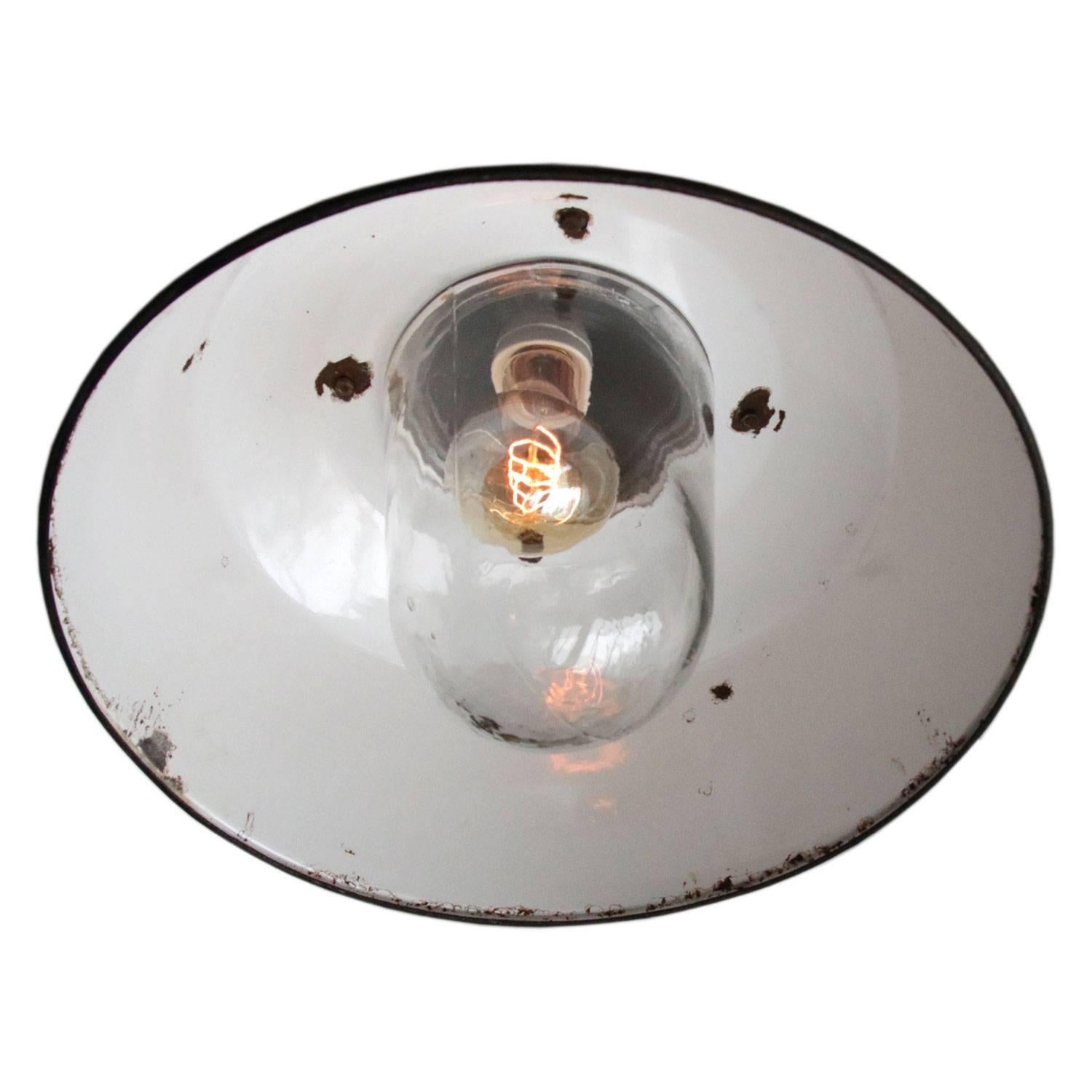 Factory hanging lamp. White enamel white interior. Cast iron top with clear glass.

Weight: 5.5 kg / 12.1 lb

All lamps have been made suitable by international standards for incandescent light bulbs, energy-efficient and LED bulbs. E26/E27 bulb