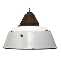 White Enamel Vintage Industrial Cast Iron Factory Pendant Lights (2x)