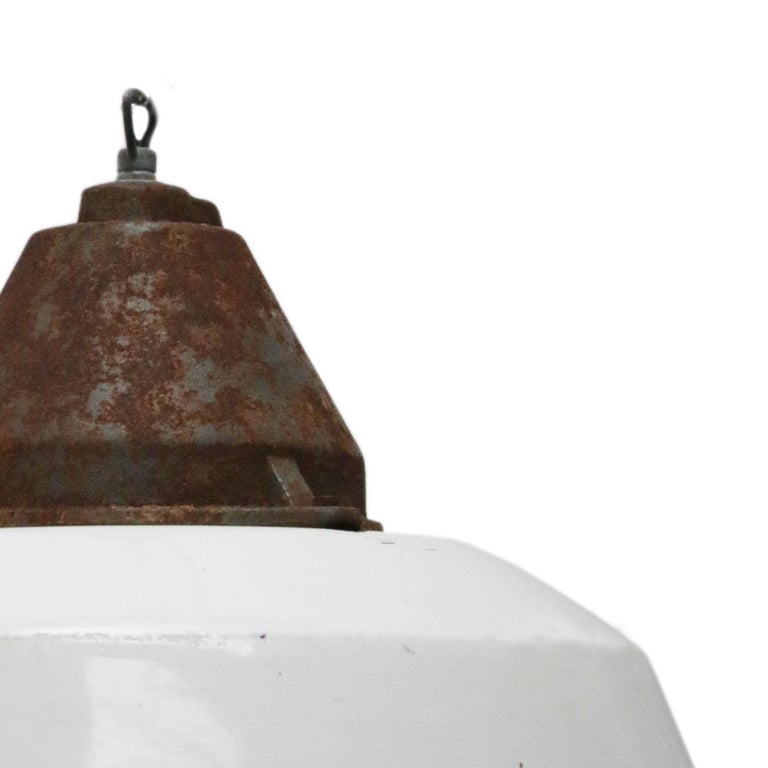 Hungarian White Enamel Vintage Industrial Cast Iron Factory Pendant Lights For Sale