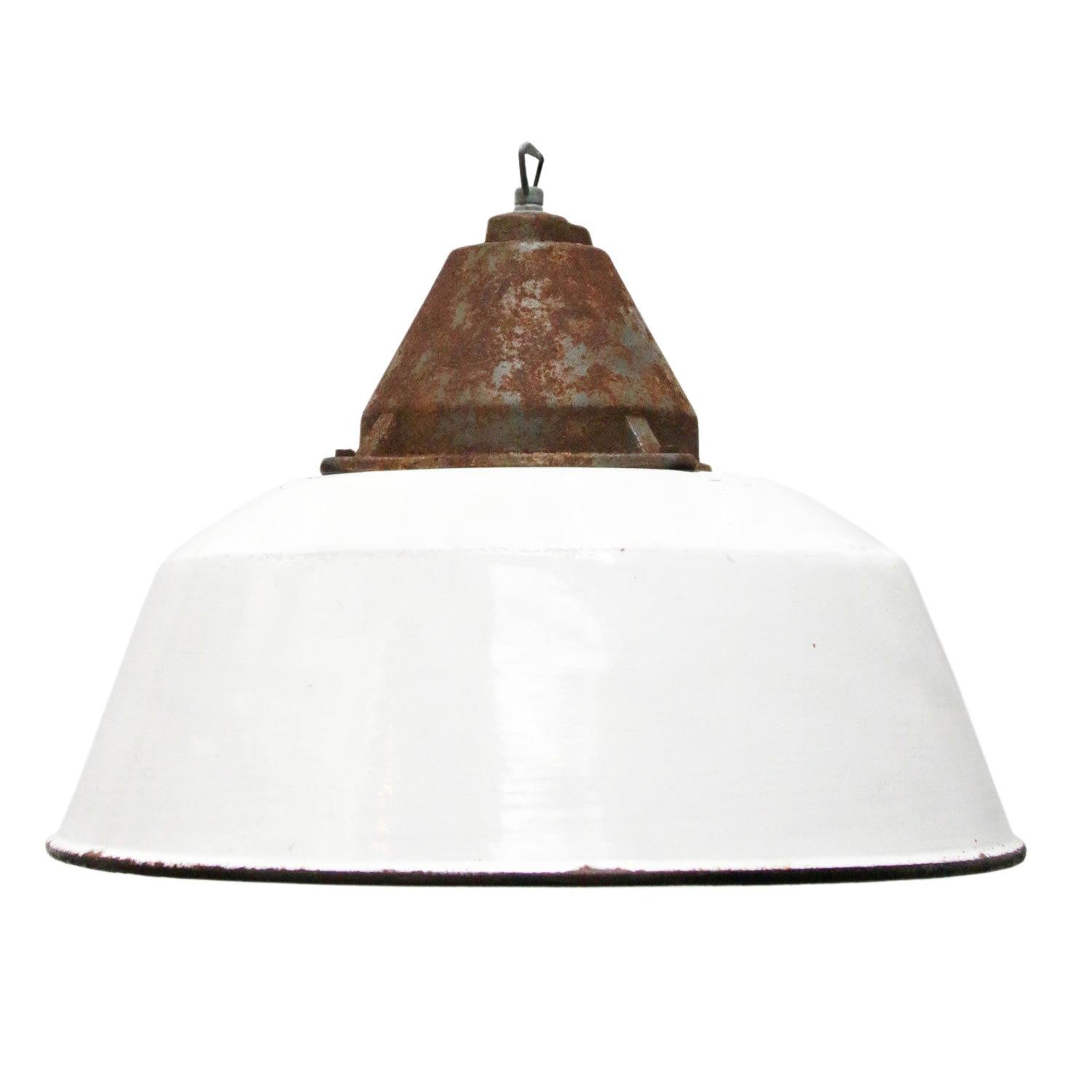 White Enamel Vintage Industrial Cast Iron Factory Pendant Lights For Sale