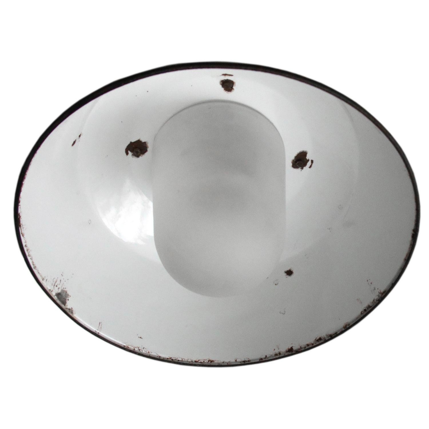 Factory hanging lamp
White enamel white interior
Frosted glass, cast iron top

Weight 5.50 kg / 12.1 lb

Priced per individual item. All lamps have been made suitable by international standards for incandescent light bulbs, energy-efficient